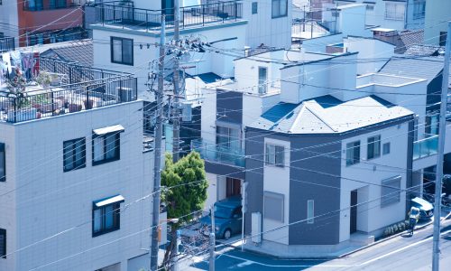 utility poles beside the concrete houses