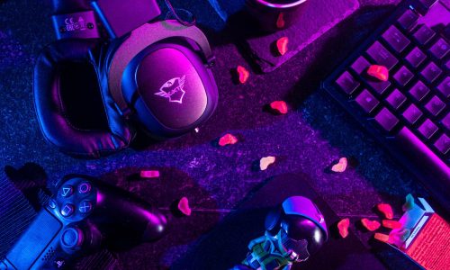 flatlay of gaming equipments